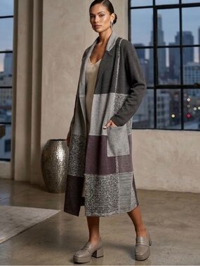 NIC+ZOE $218 Bohemian Patchwork Gray Marion Knit Duster Cardigan Sweater Coat M
